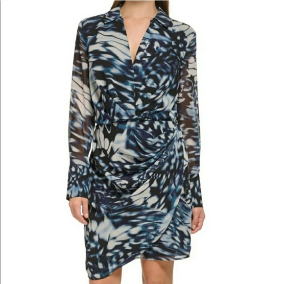 NWT Calvin Klein Sheer Long Sleeve Printed Chiffon Twist Front Dress - Picture 2 of 11
